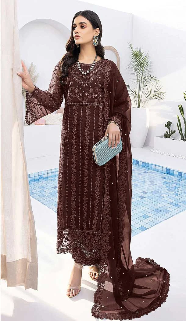 Brown Color Organza Silk Embroidery Work Party Wear Pakistani Salwar Suit - 7285175300