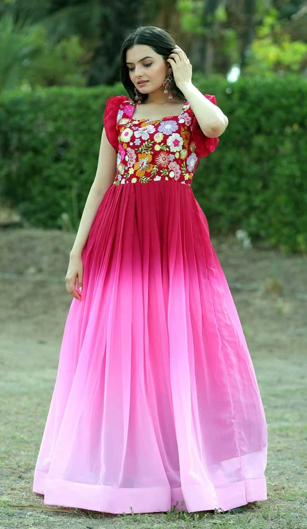 Party Wear Faux Blooming Multi Embroidery Work Readymade Gown In Pink - 7286175303