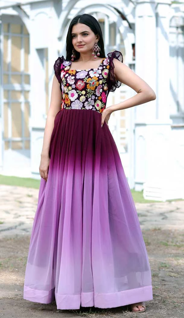 Party Wear Faux Blooming Multi Embroidery Work Readymade Gown In Wine - 7286175304