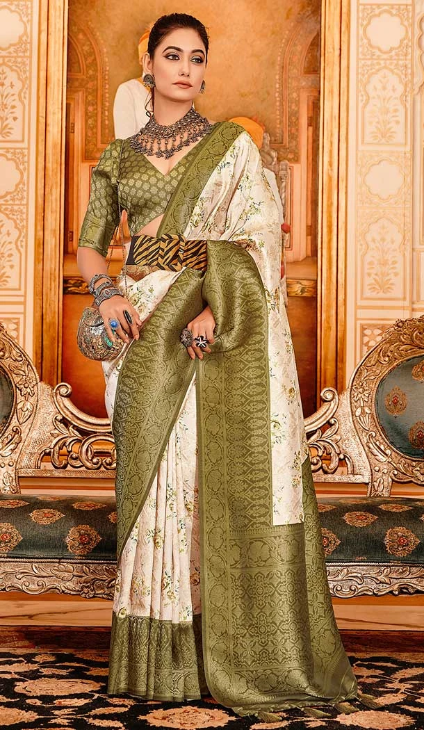 Function Wear Soft Silk Digital Print Work Traditional Wear Saree In Cream - 7289175318