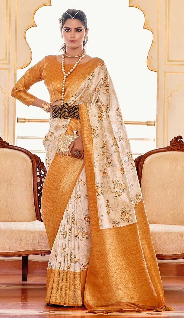 Function Wear Soft Silk Digital Print Work Traditional Wear Saree In Off White - 7279175319