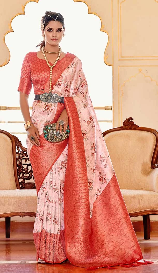 Function Wear Soft Silk Digital Print Work Traditional Wear Saree In Peach - 7289175321