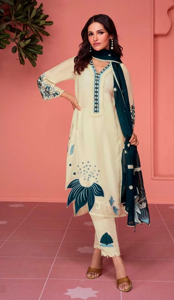 Traditional Festival Wear Faux Georgette Embroidery Work Salwar Suit In Cream - 7293175347