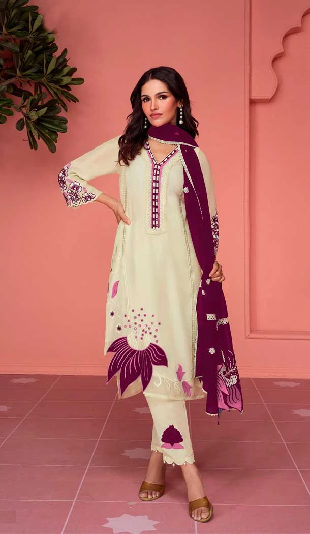 Traditional Festival Wear Cream Color Faux Georgette Embroidery Work Salwar Suit - 7293175349