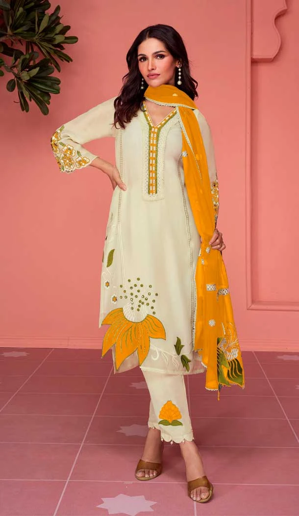 Faux Georgette Traditional Festival Wear Embroidery Work Salwar Suit In Cream - 7293175350
