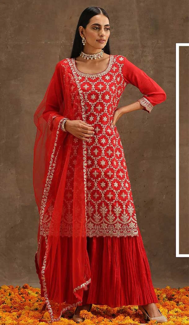 Traditional Party Wear Faux Georgette Embroidery Work Sharara Suit In Red - 7294175351