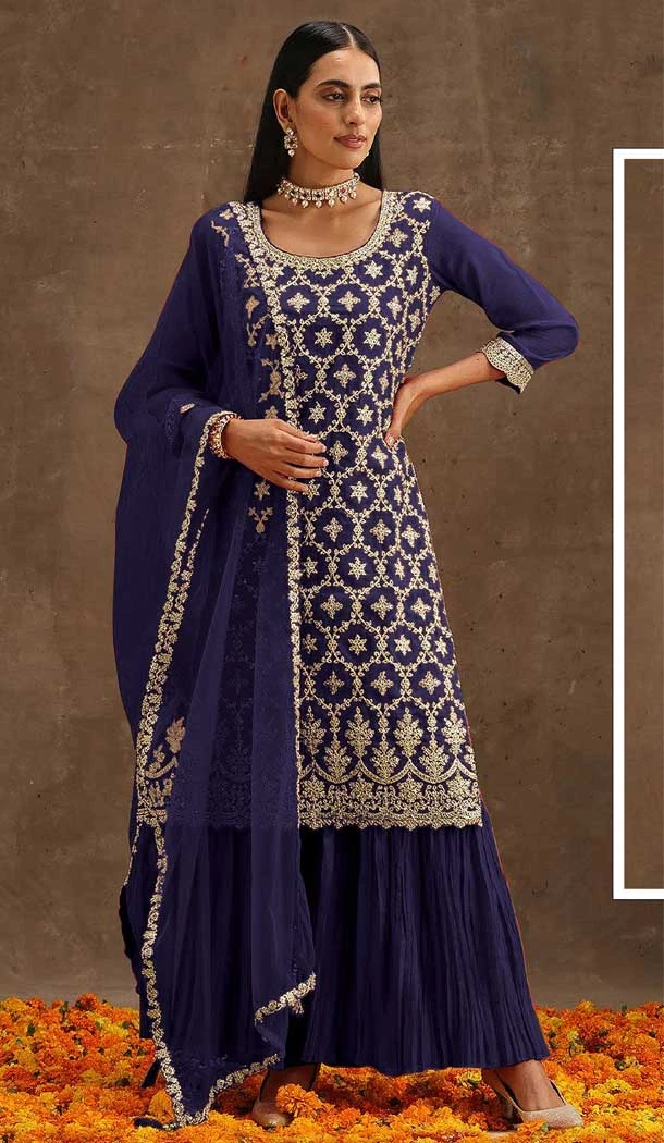 Traditional Party Wear Faux Georgette Embroidery Work Sharara Suit In Blue - 7294175354