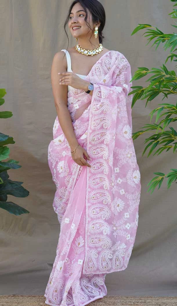 Pink Color Pure Organza Silk Embroidery Work Designer Party Wear Saree - 7306175403