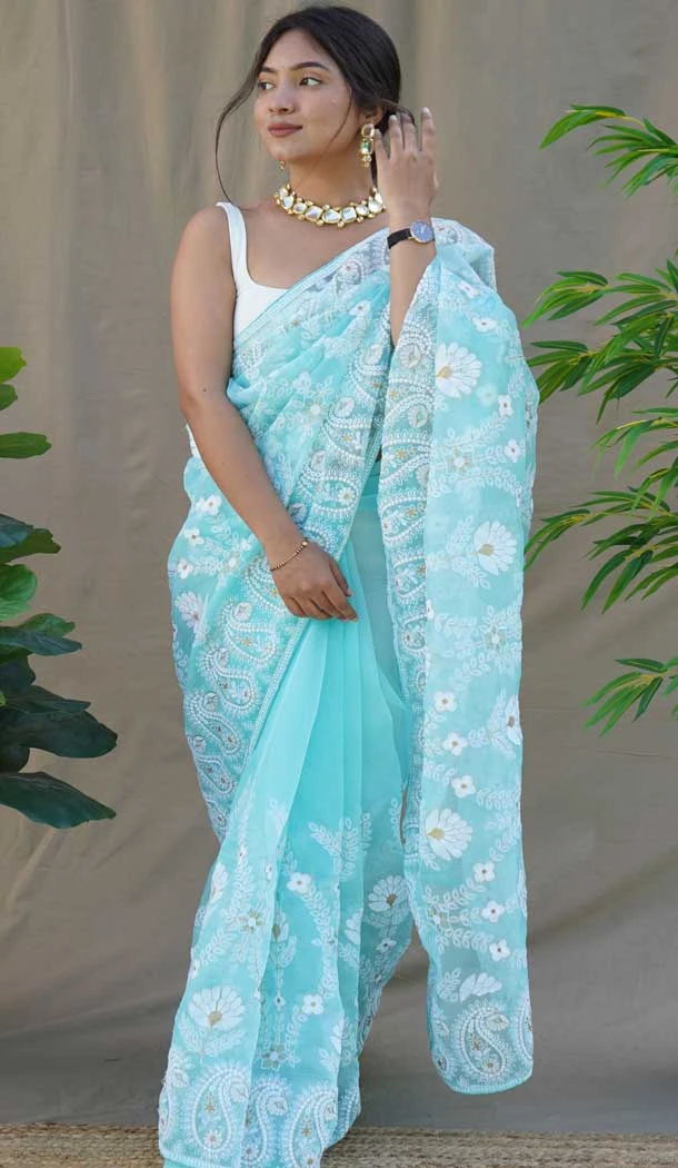 Sky Blue Color Pure Organza Silk Embroidery Work Designer Party Wear Saree - 7306175404