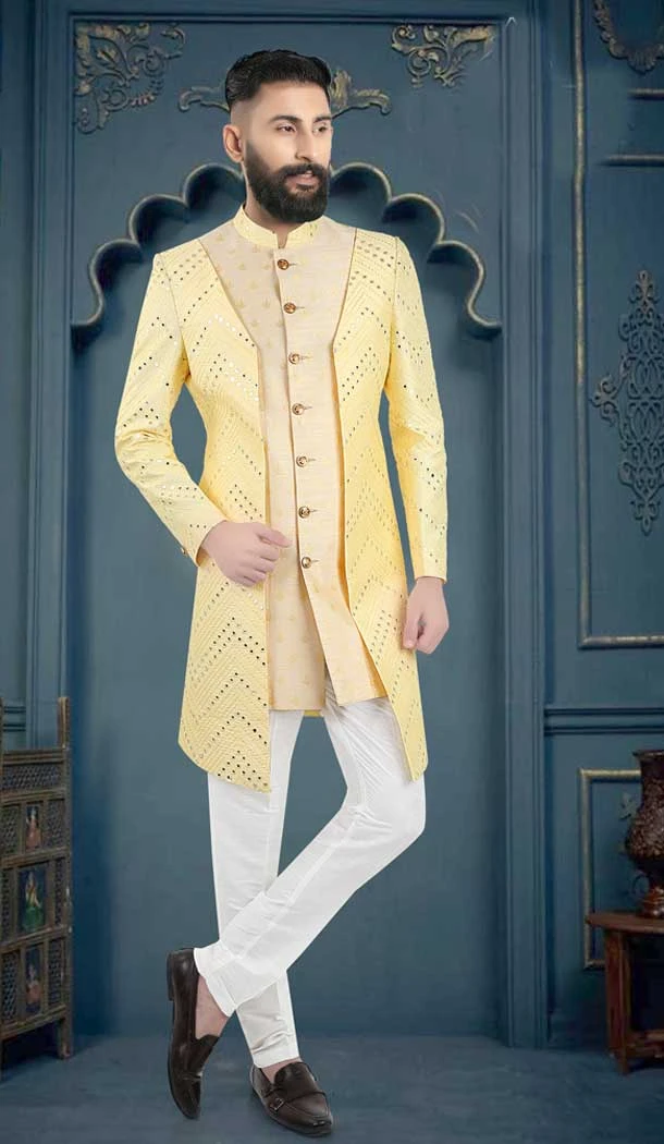 Yellow Color Silk Resham And Mirror Work Wedding Wear Designer Men's Indo Western - 7277175229