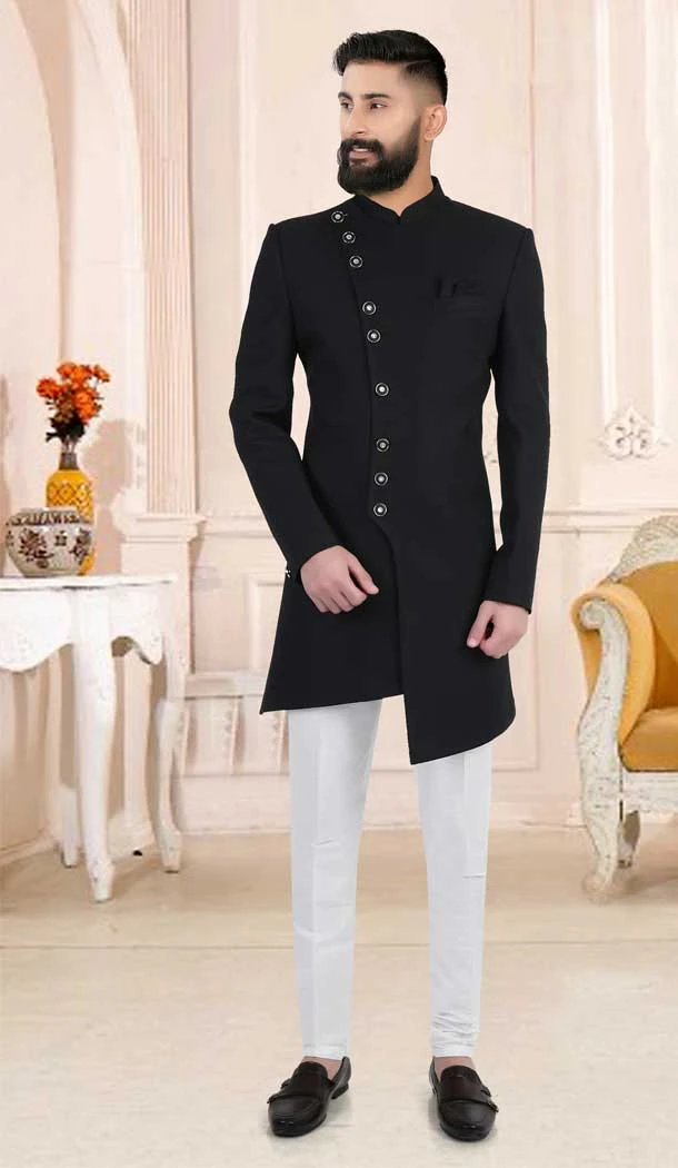 Black Color Terry Rayon Hand Work Wedding Wear Designer Men's Indo Western - 7277175233