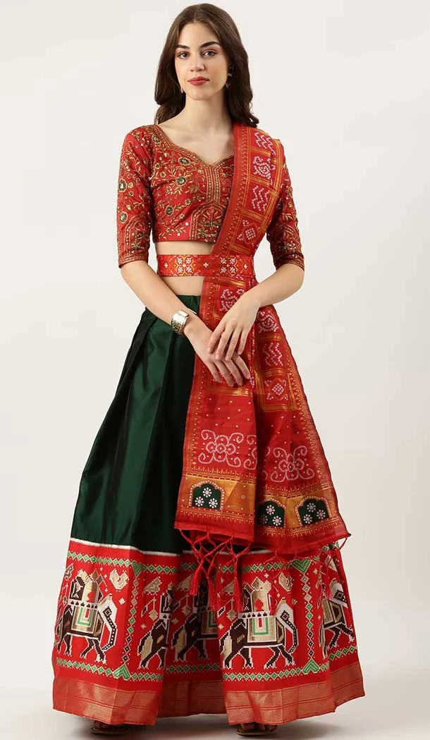Festival Wear Lichi Silk Patola Print Work Green Color Traditional Lehenga Choli - 7305175398
