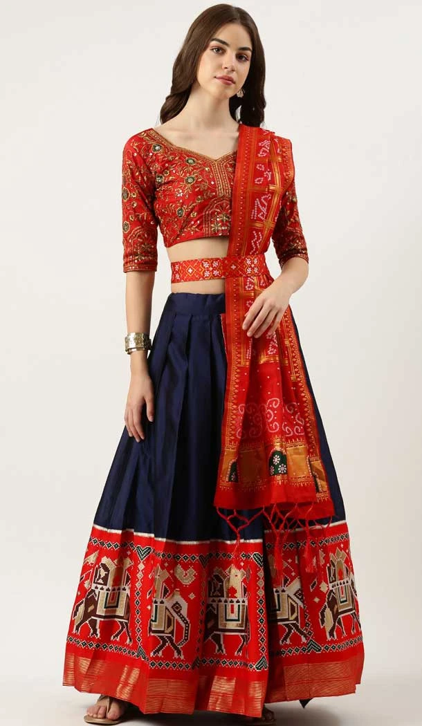 Festival Wear Lichi Silk Patola Print Work Navy Blue Color Traditional Lehenga Choli - 7305175399