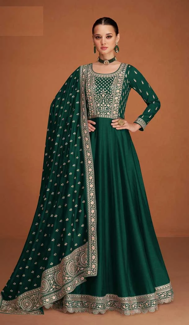 Party Wear Green Color Premium Silk Embroidery Work Anarkali Salwar Suit - 7312175439