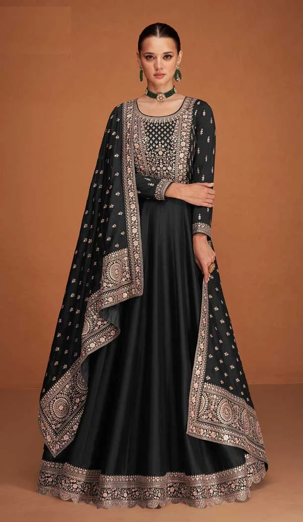 Party Wear Black Color Premium Silk Embroidery Work Anarkali Salwar Suit - 7312175440