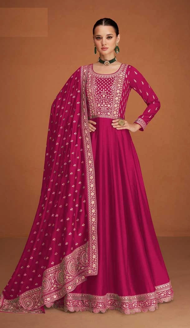 Party Wear Pink Color Premium Silk Embroidery Work Anarkali Salwar Suit - 7312175441
