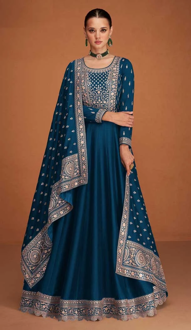Party Wear Teal Color Premium Silk Embroidery Work Anarkali Salwar Suit - 7312175442
