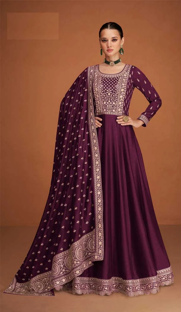 Party Wear Purple Color Premium Silk Embroidery Work Anarkali Salwar Suit - 7312175443