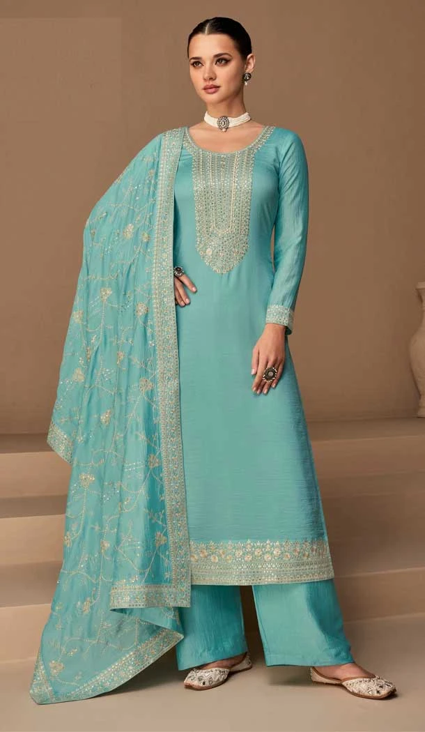 Sky Color Premium Silk Embroidery Work Festival Wear Palazzo Salwar Suit - 7313175444