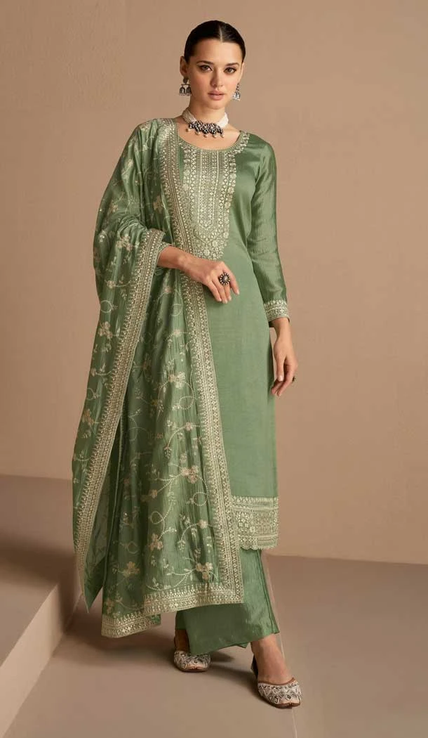 Green Color Premium Silk Embroidery Work Festival Wear Palazzo Salwar Suit - 7313175448