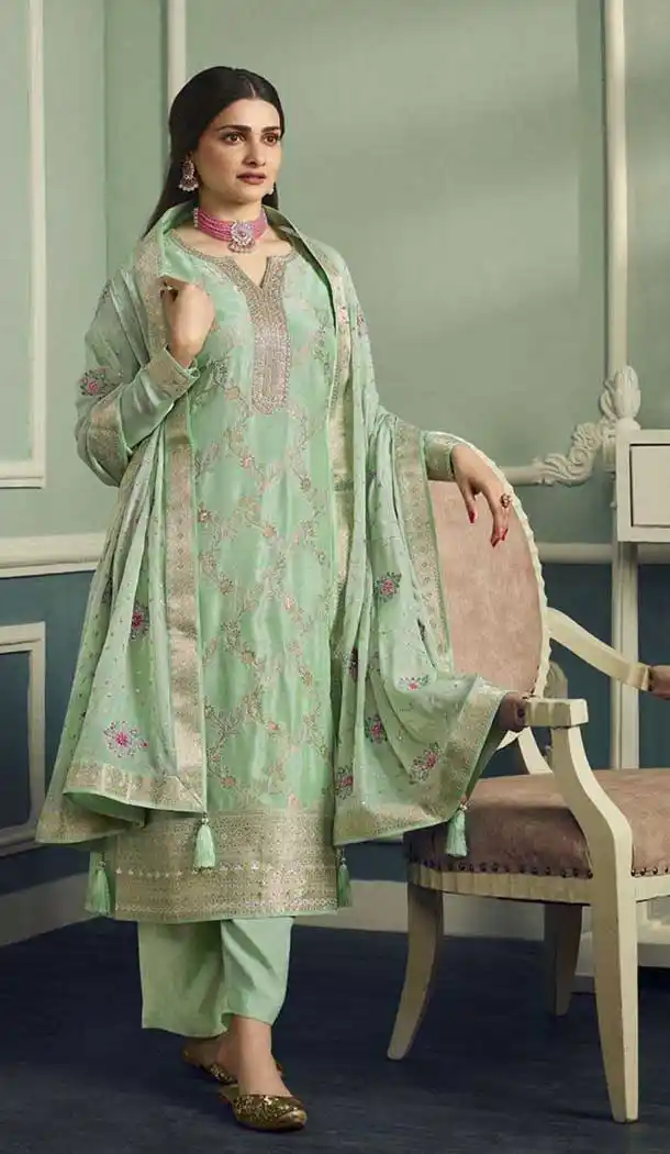 Traditional Function Wear Viscose Jacquard Embroidery Work Salwar Suit In Green - 7314175455