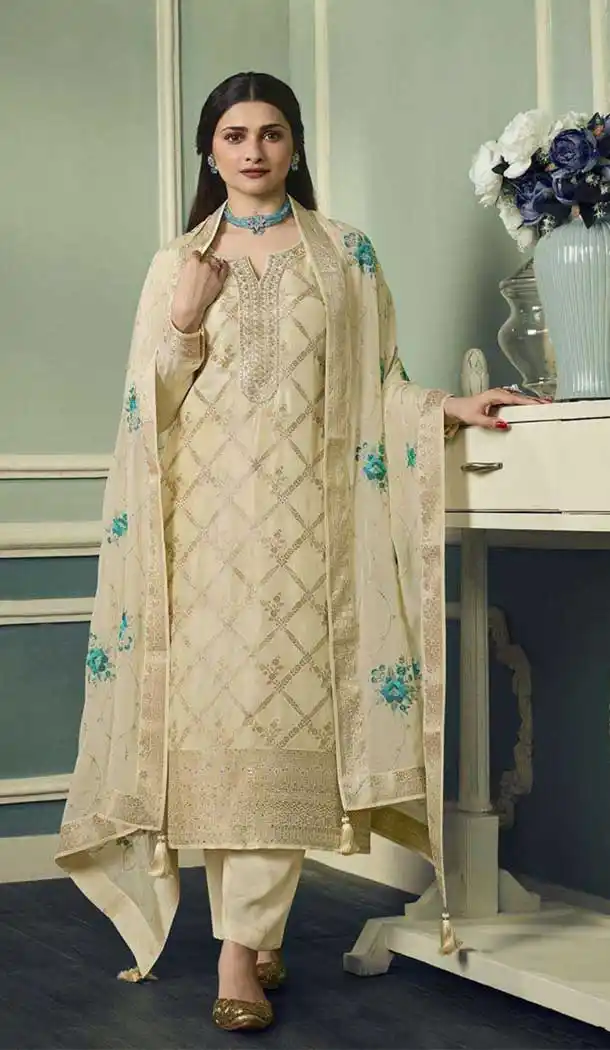 Traditional Function Wear Viscose Jacquard Embroidery Work Salwar Suit In Beige - 7314175456