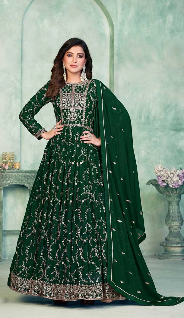 Function Wear Faux Georgette Embroidery Work Anarkali Salwar Suit In Green - 7317175467