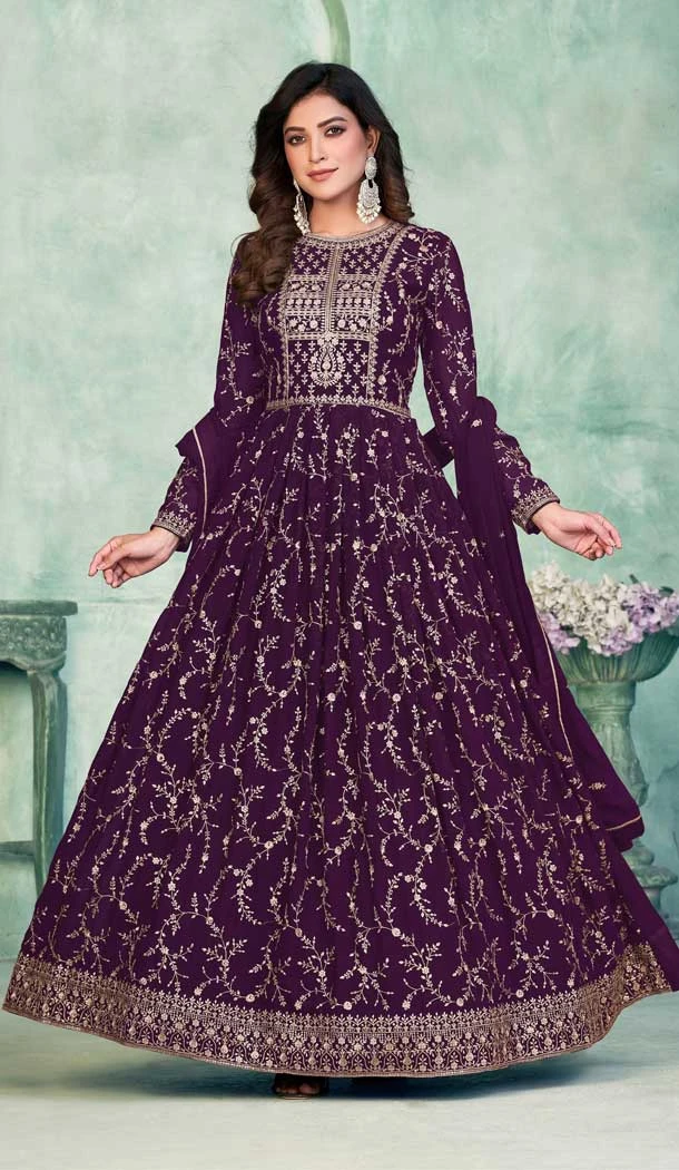Function Wear Faux Georgette Embroidery Work Anarkali Salwar Suit In Wine - 7317175468