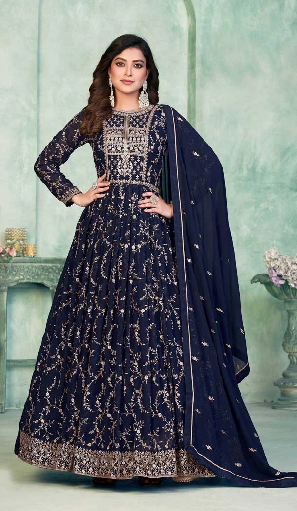 Function Wear Faux Georgette Embroidery Work Anarkali Salwar Suit In Navy Blue - 7317175469