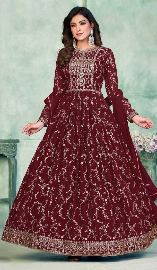 Function Wear Faux Georgette Embroidery Work Anarkali Salwar Suit In Maroon - 7317175470