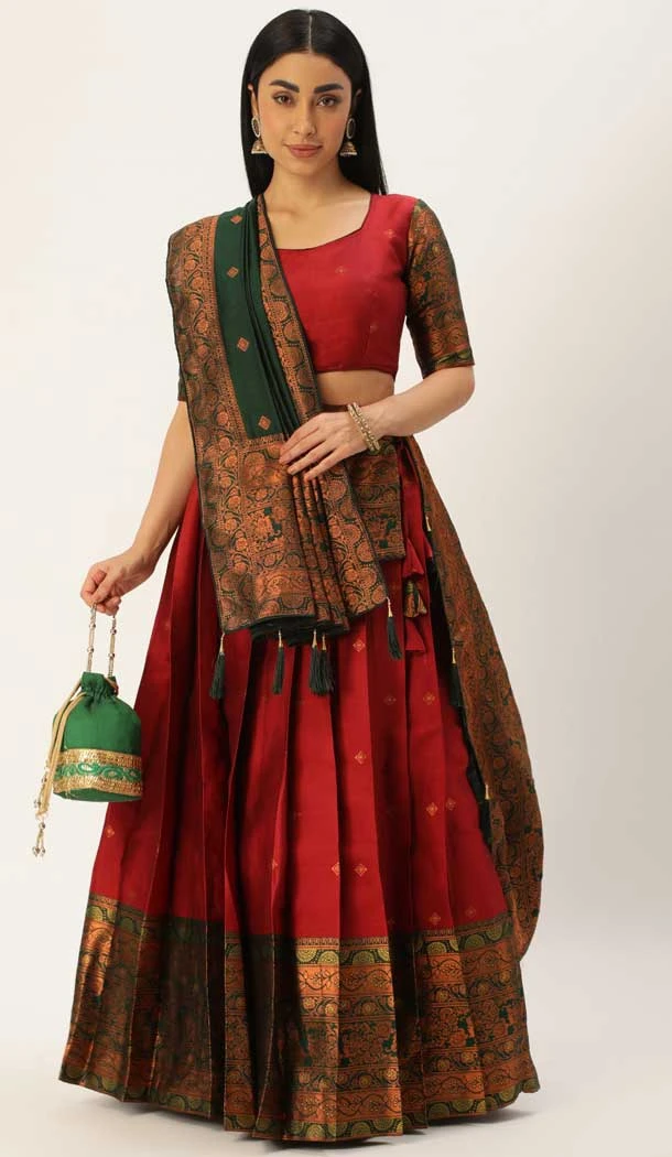 Traditional Function Wear Lichi Silk Weaving Work Lehenga Choli In Maroon  - 7326175524