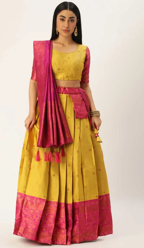 Traditional Function Wear Lichi Silk Weaving Work Lehenga Choli In Yellow  - 7326175525