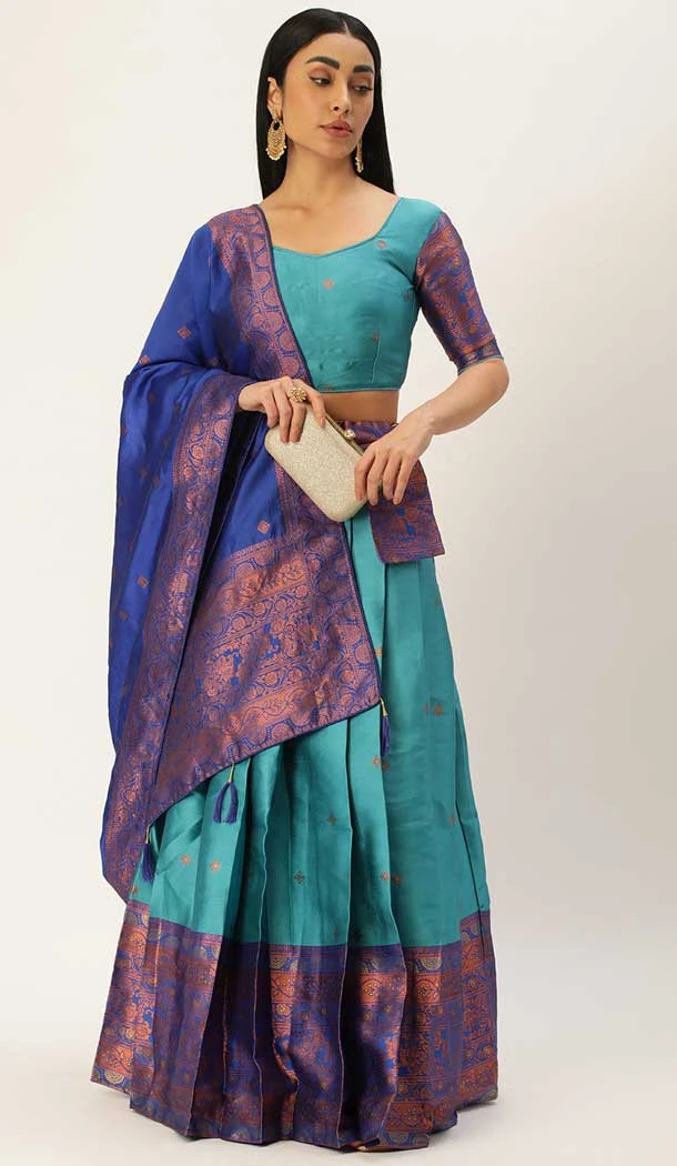 Traditional Function Wear Lichi Silk Weaving Work Lehenga Choli In Rama Blue  - 7326175526