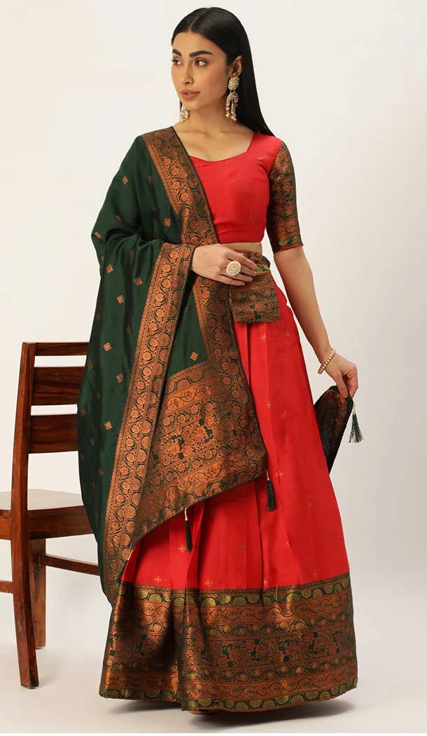 Traditional Function Wear Lichi Silk Weaving Work Lehenga Choli In Orange - 7326175527