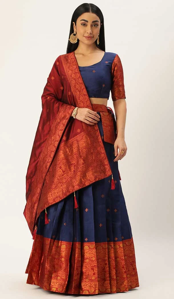 Traditional Function Wear Lichi Silk Weaving Work Lehenga Choli In Navy Blue  - 7326175528