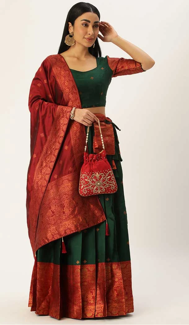 Traditional Function Wear Lichi Silk Weaving Work Lehenga Choli In Green  - 7326175529