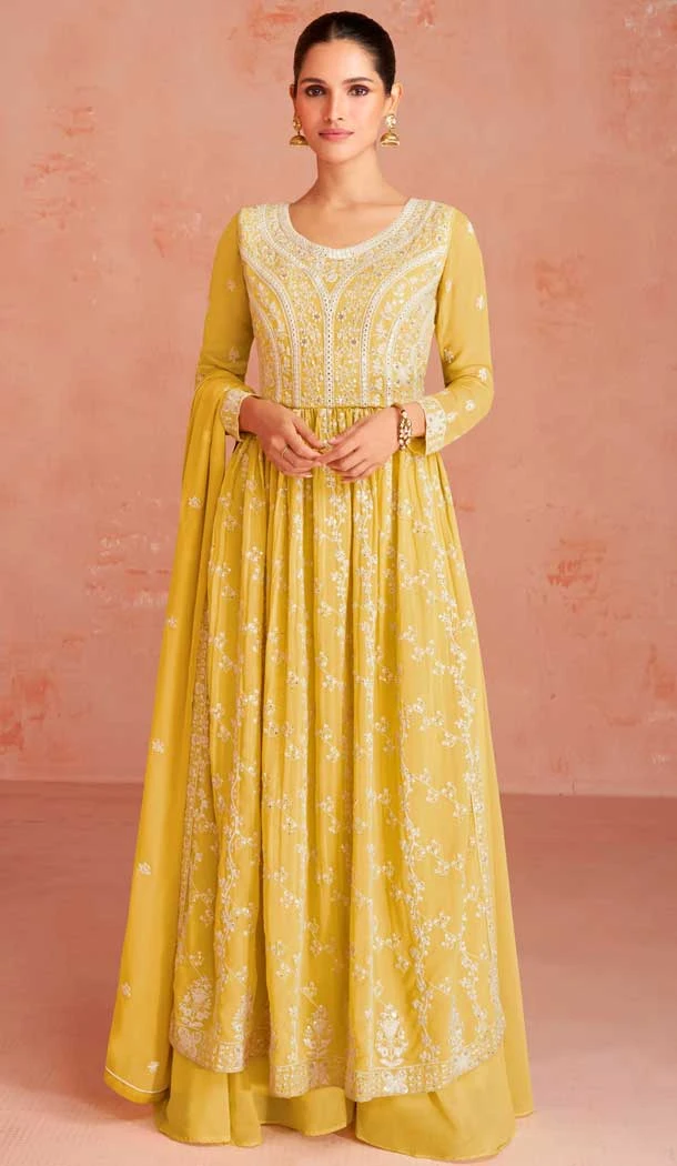 Faux Georgette Yellow Color Embroidery Work Function Wear Palazzo Salwar Suit - 7339175649