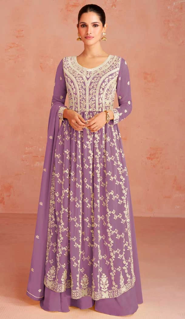 Faux Georgette Purple Color Embroidery Work Function Wear Palazzo Salwar Suit - 7339175650