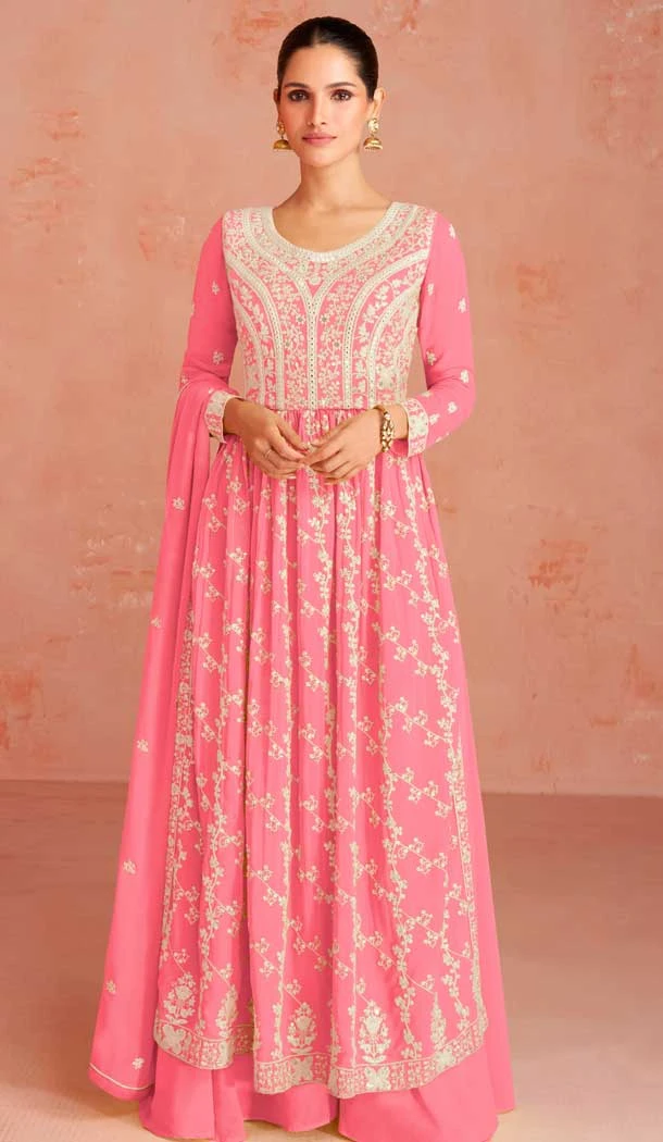 Faux Georgette Pink Color Embroidery Work Function Wear Palazzo Salwar Suit - 7339175652