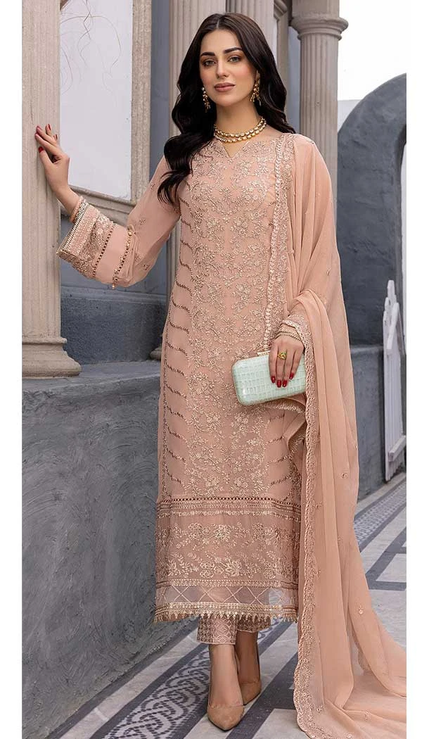 Casual Wear Peach Color Faux Georgette Embroidery Work Heavy Salwar Suit - 7340175653