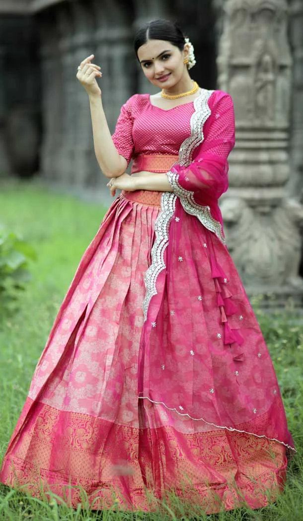 Traditional Function Wear Kanjivaram Pattu Silk Zari Weaving Work Lehenga Choli In Pink - 7359175749