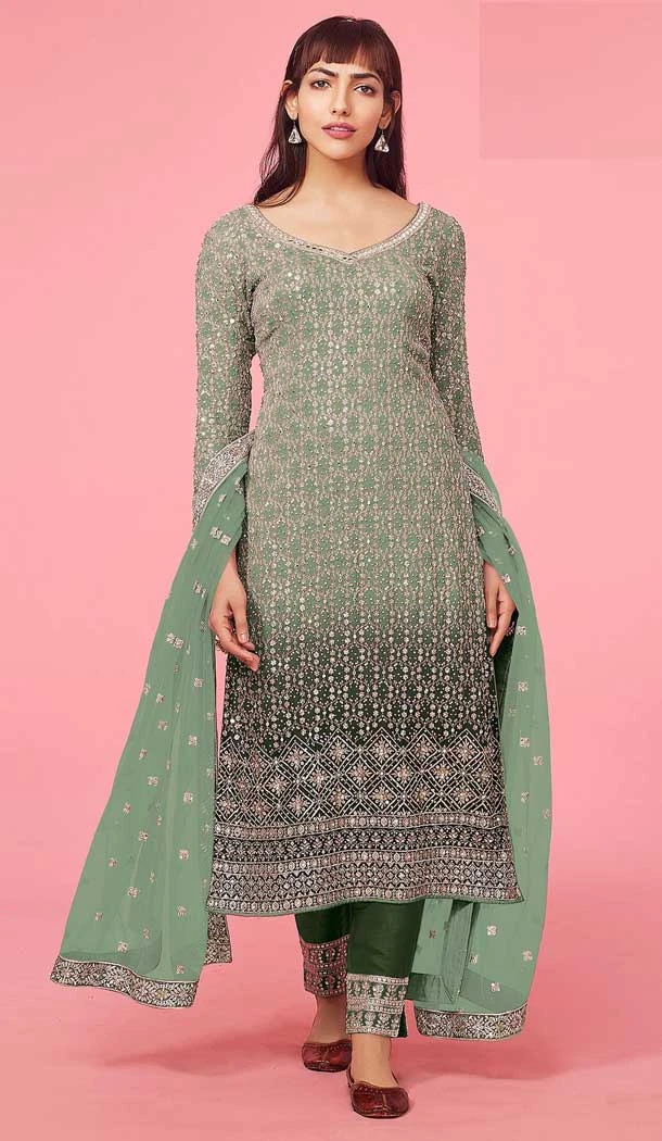 Green Color Faux Georgette Embroidery Work Traditional Festival Wear Salwar Suit - 7368175852