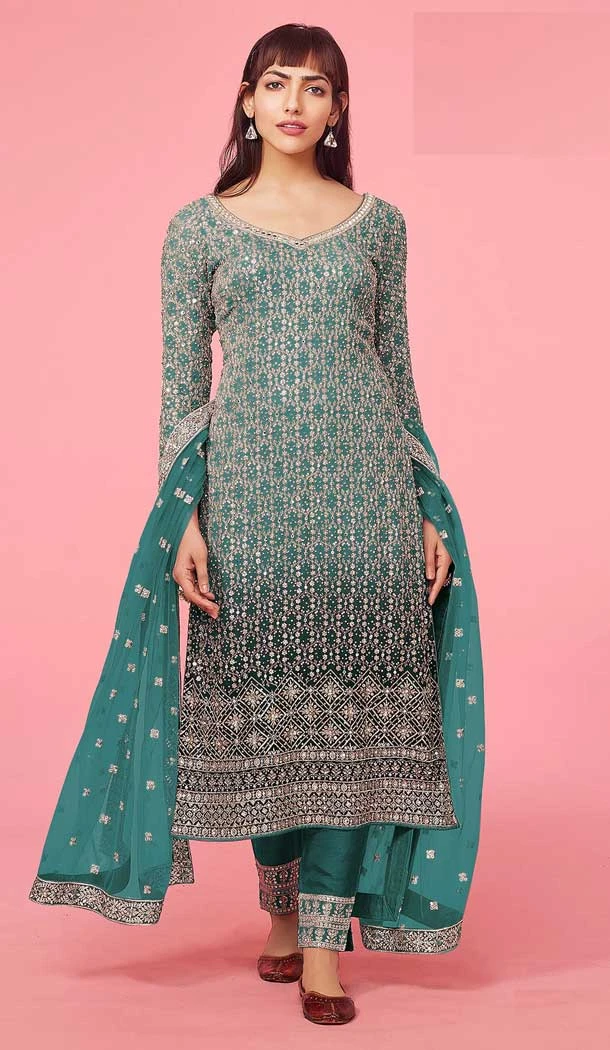Aqua Blue Color Faux Georgette Embroidery Work Traditional Festival Wear Salwar Suit - 7368175853