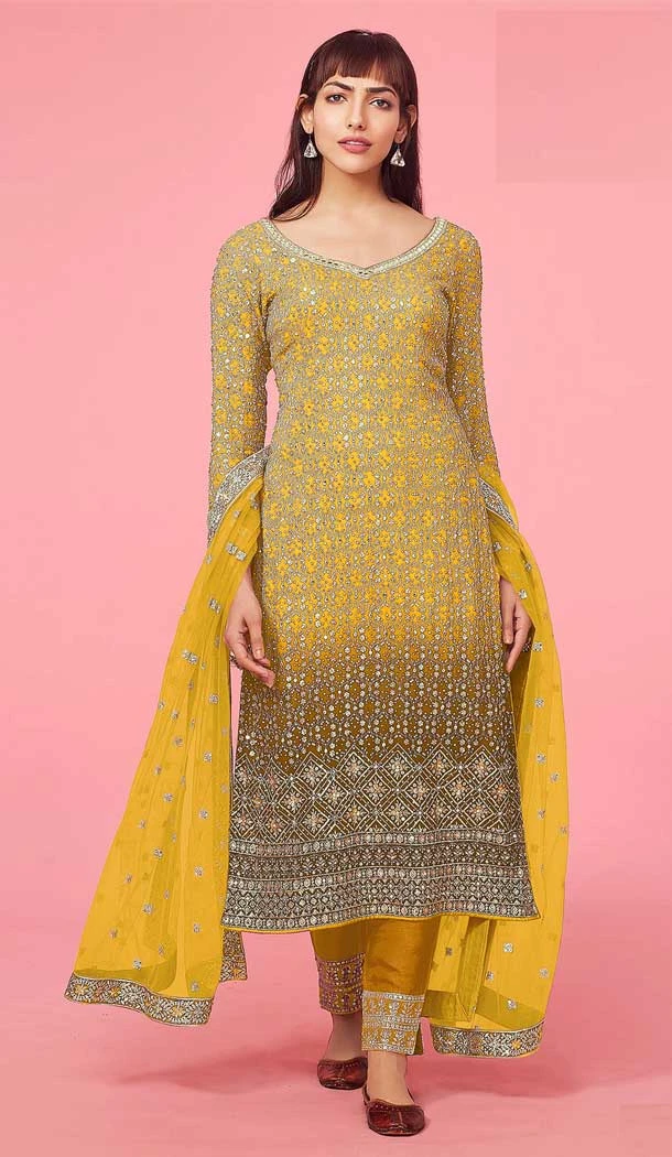 Yellow Color Faux Georgette Embroidery Work Traditional Festival Wear Salwar Suit - 7368175854