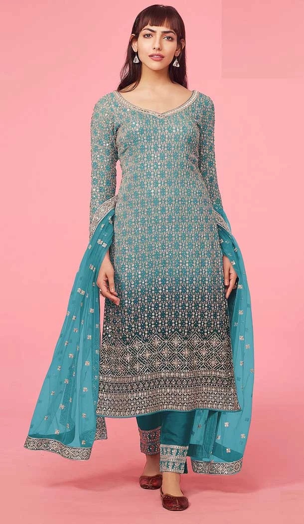 Sky Color Faux Georgette Embroidery Work Traditional Festival Wear Salwar Suit - 7368175855
