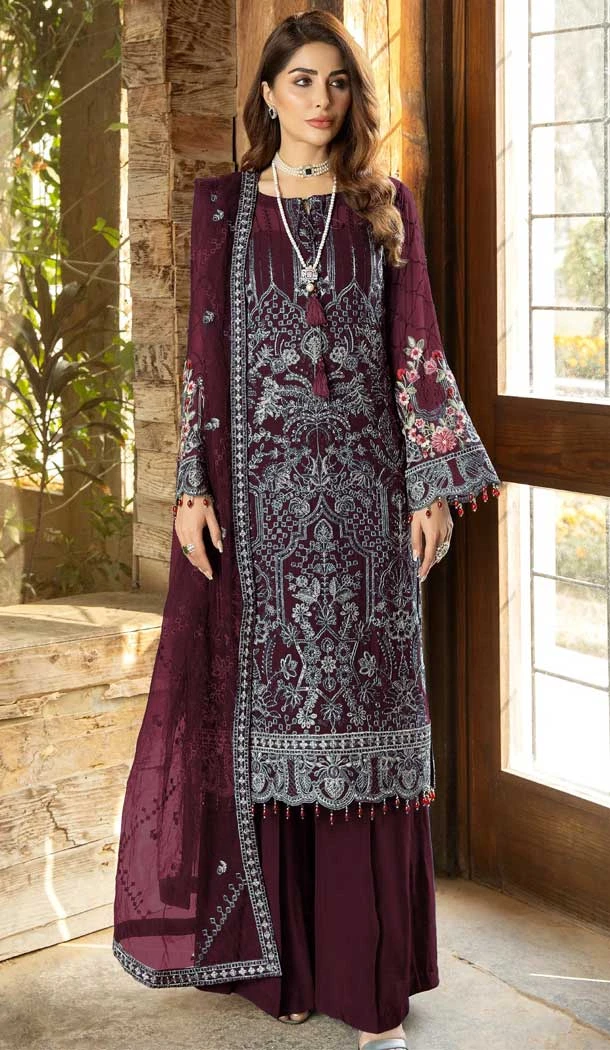 Function Wear Faux Georgette Embroidery Work Pakistani Salwar Suit In Wine - 7341175658