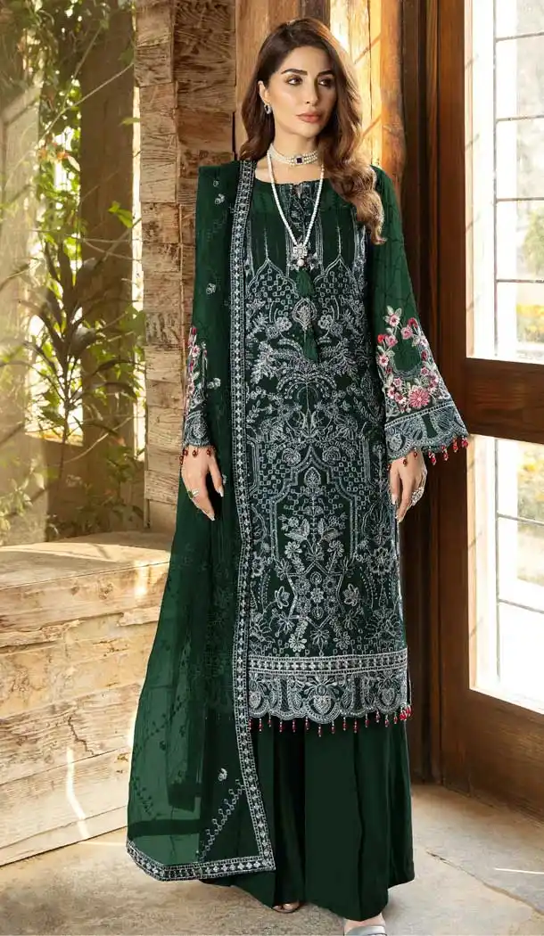 Function Wear Faux Georgette Embroidery Work Pakistani Salwar Suit In Dark Green - 7341175659