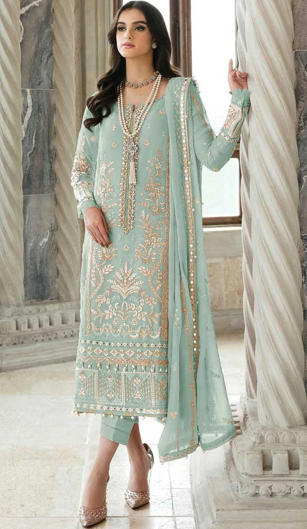 Sky Blue Color Faux Georgette Embroidery Work Casual Wear Salwar Suit - 7355175736