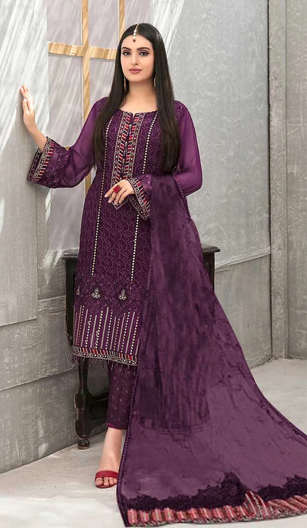 Faux Georgette Embroidery Work Purple Color Function Wear Salwar Kameez - 7356175739