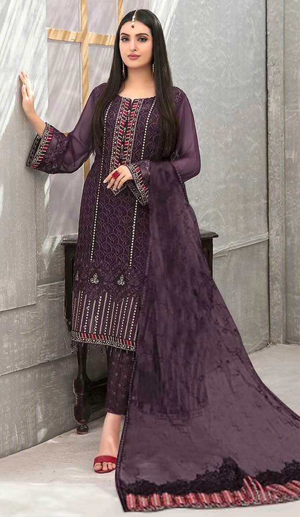 Faux Georgette Embroidery Work Wine Color Function Wear Salwar Kameez - 7356175741